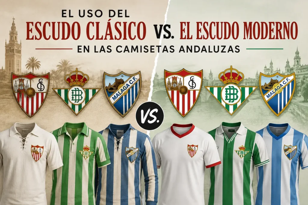 Comparación del escudo clásico vs escudo moderno en camisetas andaluzas